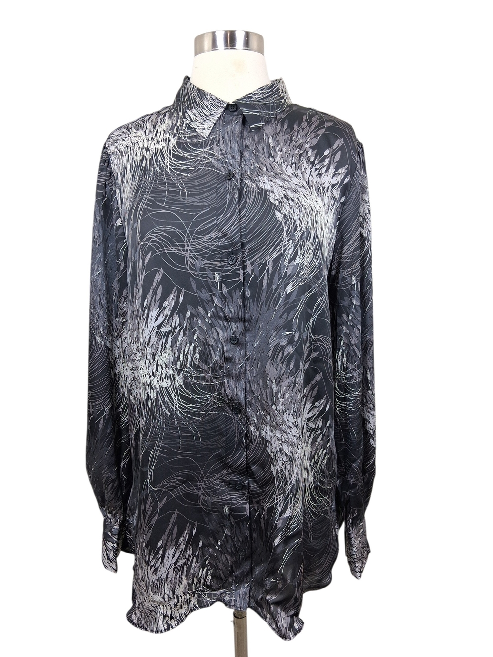 Equipment Femme Black Satin Long Balloon Sleeve Button Up Business Office Top XL